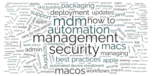 word cloud with suggested topics, including management, mdm, security, automation, macos, macs, how to, best practices, deployment, packaging, updates, admin, apple, managing, scripting, support, apps, jamf, workflows, automated device enrollment, device, ios, monterey, new to macadmin, self care, skill building, adobe, apple silicon, cloud, computers, endpoint, hybrid, identity, level, limitations, logs, networking, nudge, patching, positive, provisioning, securing, software updates, strategies, team, tool box, tools, training, tricks, users, working
